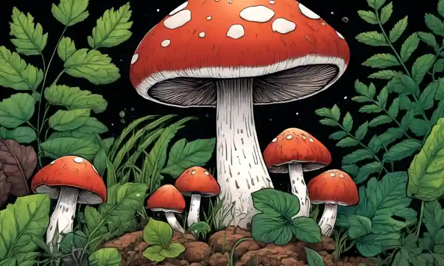 Un hongo creciendo en medio de una mezcla de hierbas naturales y hojas.