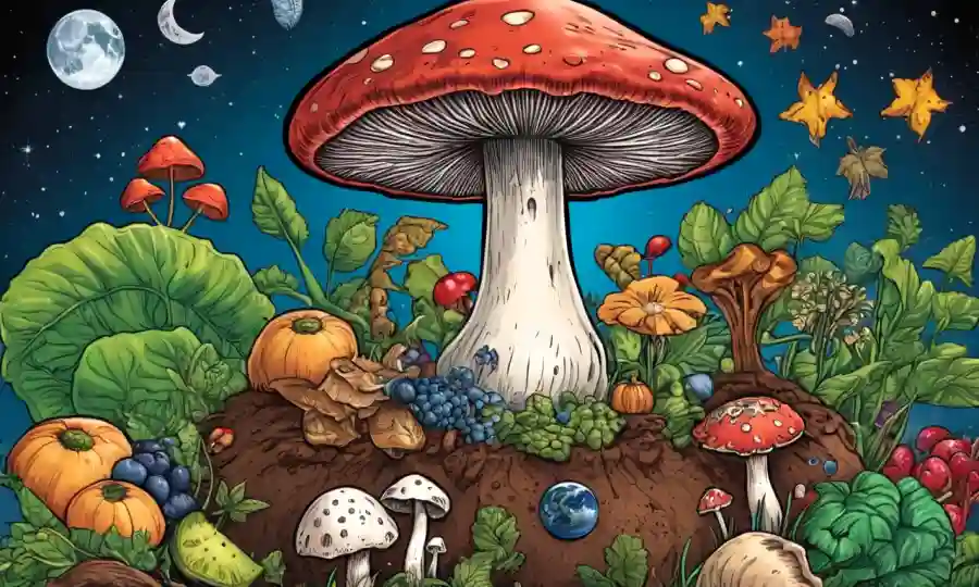 Un hongo creciendo desde la tierra, rodeado de alimentos saludables y símbolos médicos.