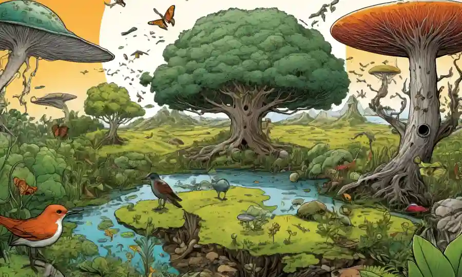 Ilustraciones o diagramas que representan varios tipos de simbiosis y sus beneficios ecológicos.