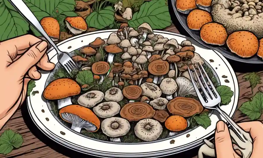 Placa llena de varios hongos junto a una persona con tenedor, destacando sus beneficios nutricionales.