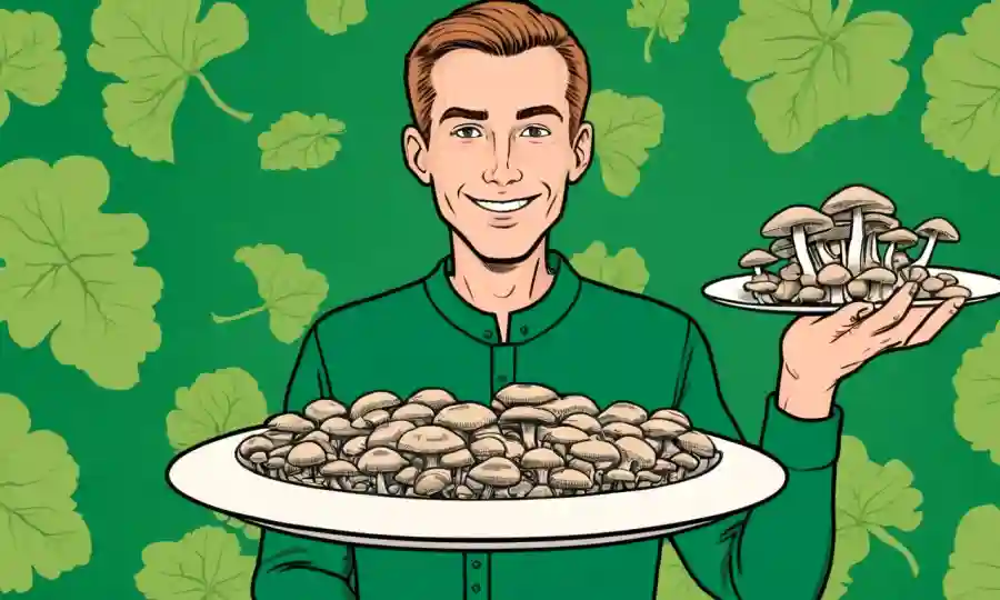 Una persona que sostiene un plato de hongos con un fondo verde, destacando sus beneficios nutricionales.