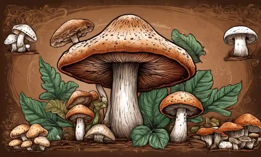 Especies de setas en fondo marrón con beneficios nutricionales texto superposición.