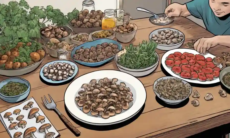 Varios hongos con beneficios nutricionales mostrados en una mesa junto con una persona que prepara comida.