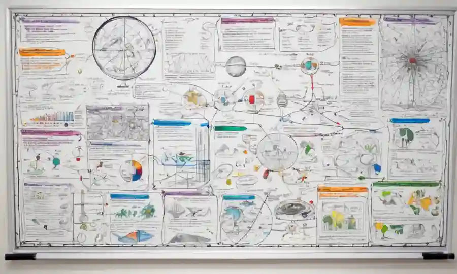 Diagramas científicos y tablas de clasificación en una pizarra, simbolizando reflexiones filosóficas.
