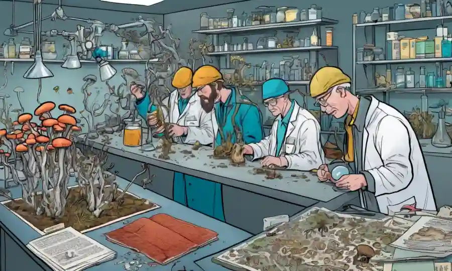 Un grupo de micólogos que estudian hongos raros en un laboratorio, con ilustraciones y textos destacando retos de investigación.