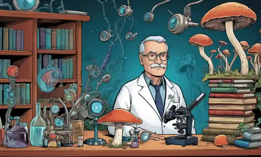 Un científico de pie junto a un hongo, rodeado de libros y microscopios de diversas disciplinas.