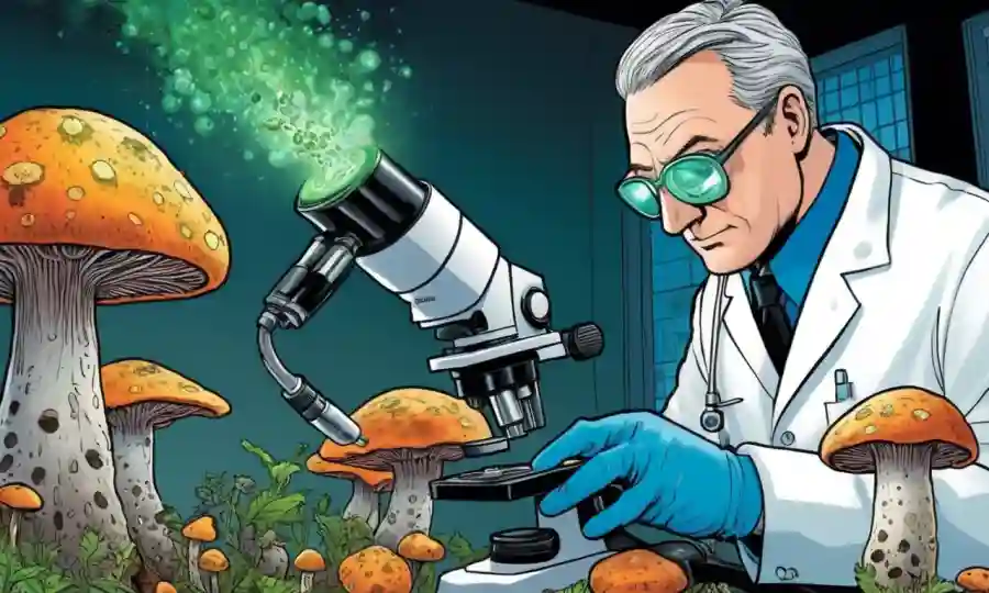 Un científico que examina varias especies de hongos bajo un microscopio.