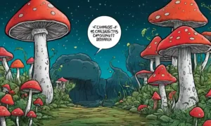Crecimientos de setas en varias formas que rodean las palabras Desafíos e Investigación Fúngica.
