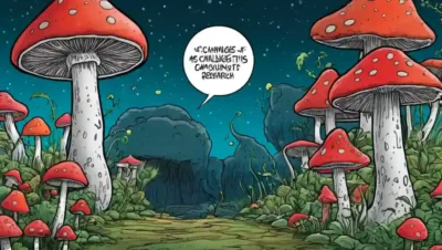 Crecimientos de setas en varias formas que rodean las palabras Desafíos e Investigación Fúngica.