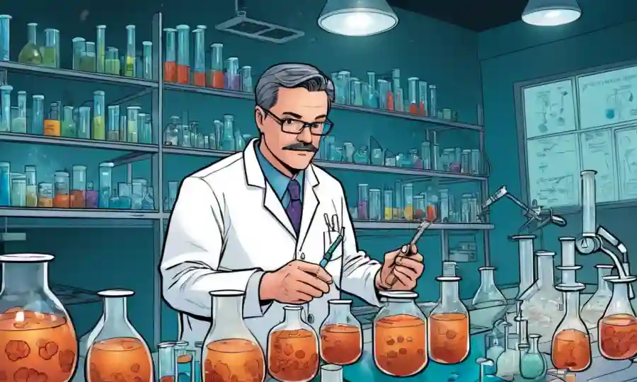 Científico que estudia hongos en un ambiente de laboratorio estéril, rodeado de tubos de ensayo y diagramas.