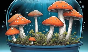 Crecimientos de setas prosperando en un contenedor lleno de burbujas de oxígeno.