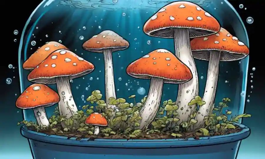 Crecimientos de setas prosperando en un contenedor lleno de burbujas de oxígeno.
