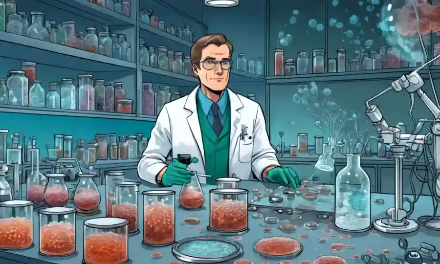 Un científico en un laboratorio, rodeado de platos petri y microscopios, con crecimientos fúngicos afectados por niveles de oxígeno.