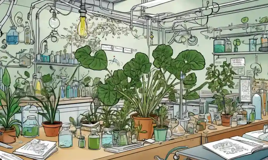 Imagen que muestra diversas partes vegetales con microorganismos en un entorno de laboratorio, rodeado de notas de investigación y diagramas.