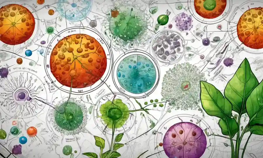 Microorganismos que prosperan dentro de las células vegetales rodeados de diagramas científicos y notas de investigación.
