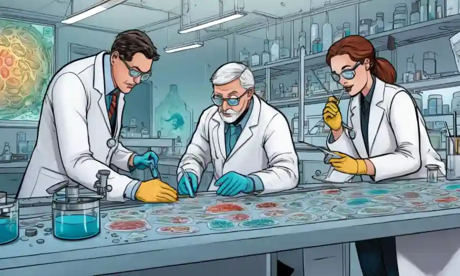 Investigadores científicos analizando microbios bajo diapositivas de microscopio en un banco de trabajo de laboratorio.