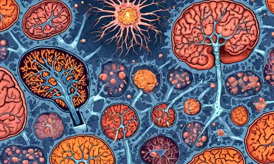 Una visión magnificada de las células cerebrales con varios tipos de lesiones de esclerosis.
