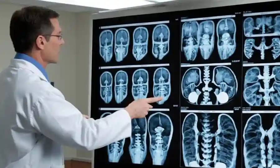 Un profesional médico apuntando a los rayos X en una pantalla mostrando varios tipos de protrusiones de disco espinal/osteofitos.