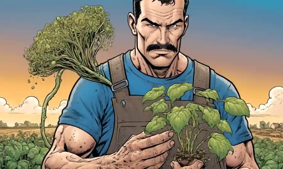 Un agricultor que tiene una planta enferma, con crecimiento fúngico y daño de cultivos en el fondo.