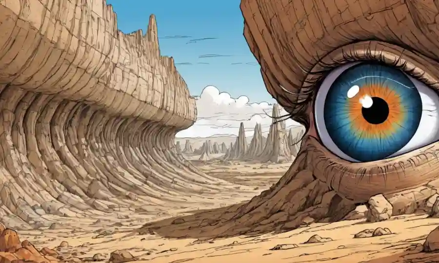Una ilustración científica de esclerosis ocular acompañada de formaciones geológicas masivas.