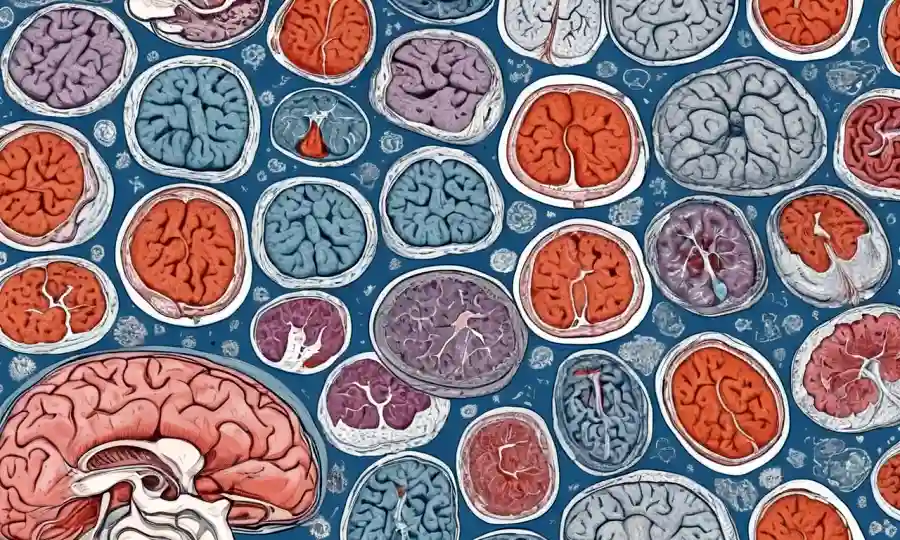 Una colección de tumores cerebrales grandes flotando entre imágenes de TC.