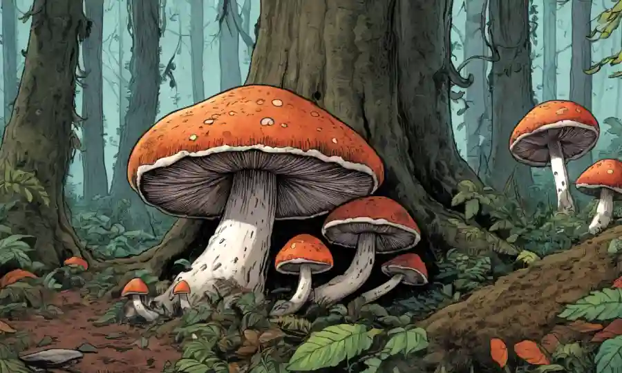 Una macrofotografía de especies de hongos gigantes en entornos forestales.