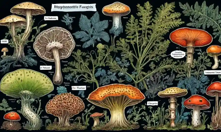 Imagen del microscopio iluminado de varios tipos de hongos epifitos con etiquetas.