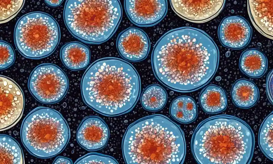 Una vista microscópica de las células de levadura que se dividen en un plato petri.