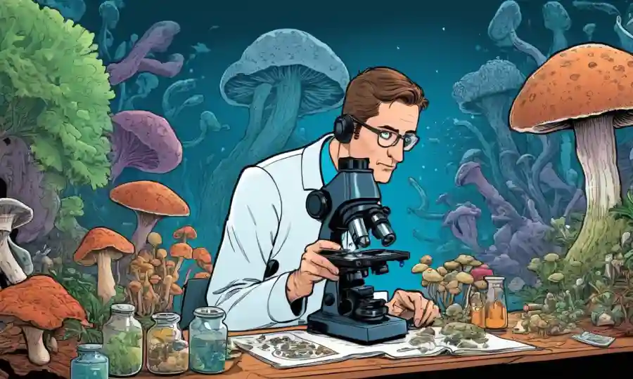 Un microscopio con varias muestras de hongos y un investigador que estudia.