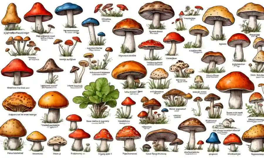 Clasificación de especies de hongos en una pizarra con ilustraciones.
