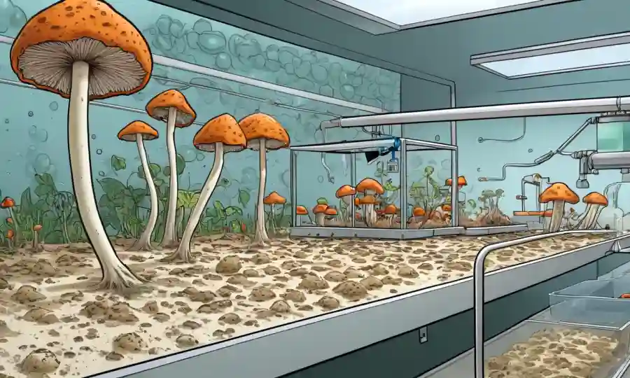 Fungal mycelium grow in a controlled lab environment with various substrate samples.