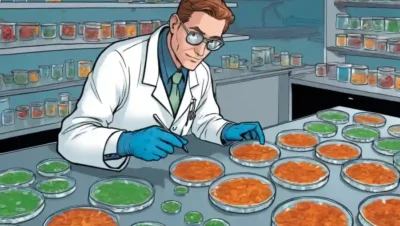Un científico manejando platos petri con diversas culturas hongos.