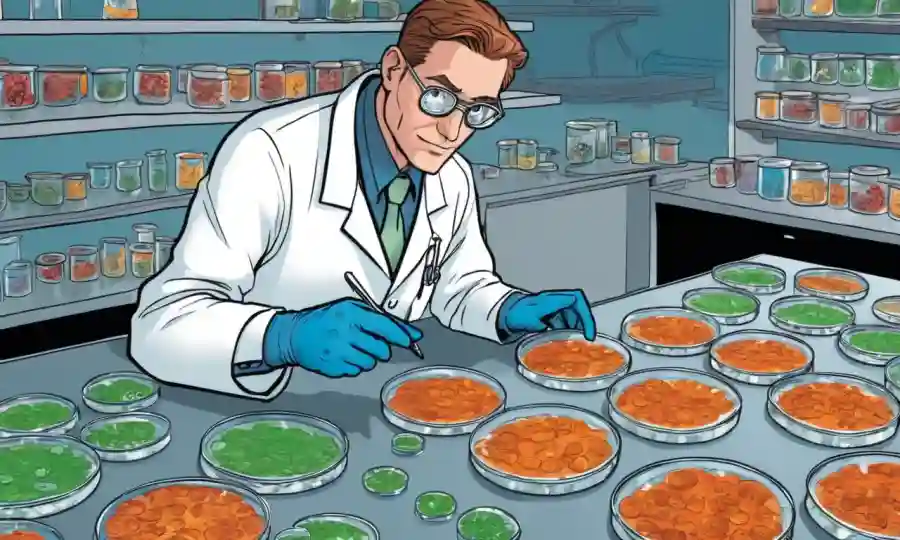 Un científico manejando platos petri con diversas culturas hongos.