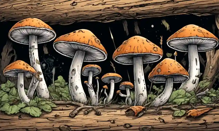 Fungi creciendo en madera descomposición o plantas con flechas destacando beneficios y productividad.