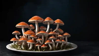 Una pila de hongos valiosos en un plato contra un fondo oscuro.