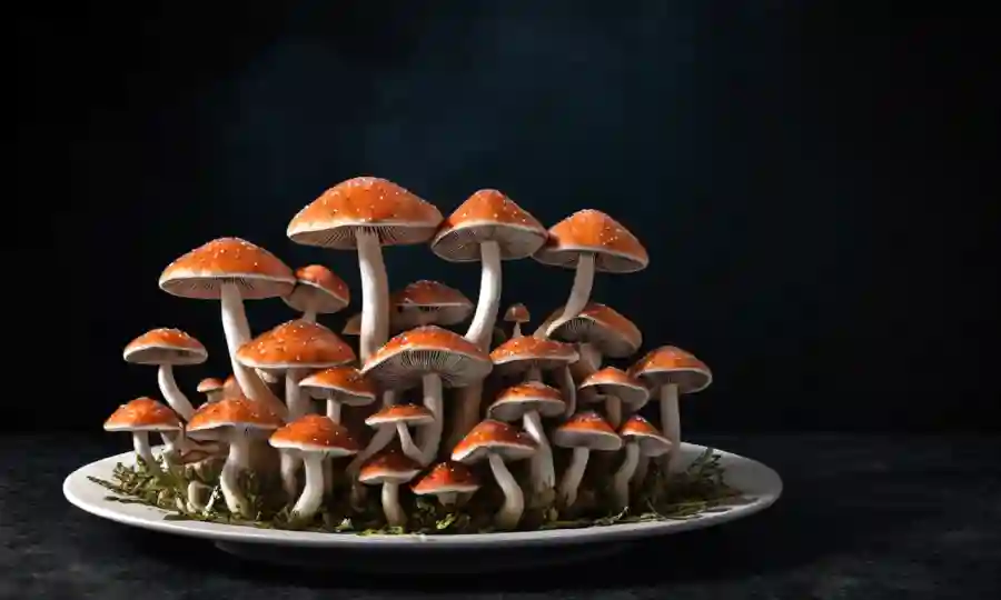 Una pila de hongos valiosos en un plato contra un fondo oscuro.