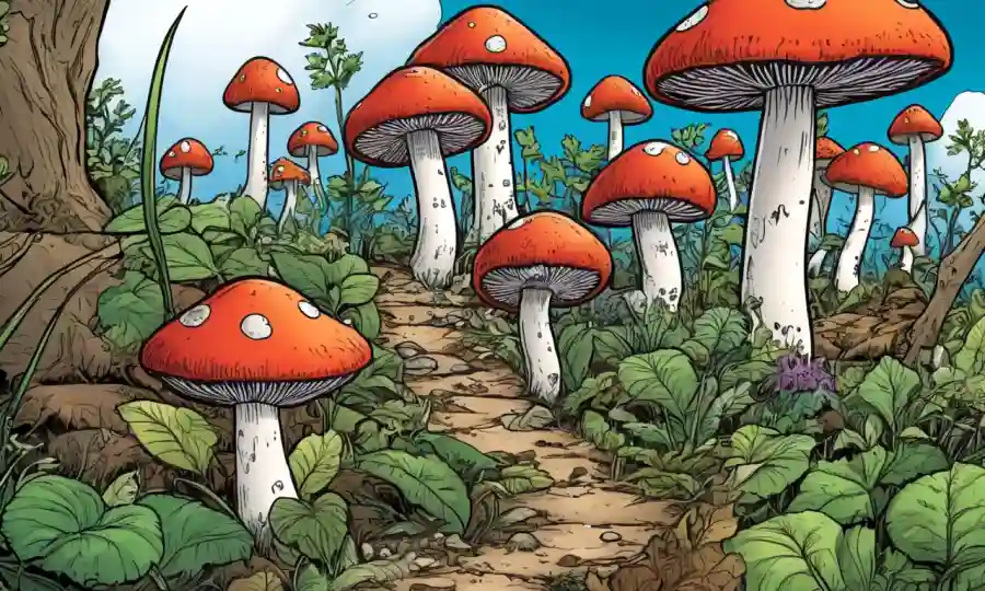 Setas creciendo en medio de diversas condiciones ambientales con flechas que ilustran mecanismos de defensa.