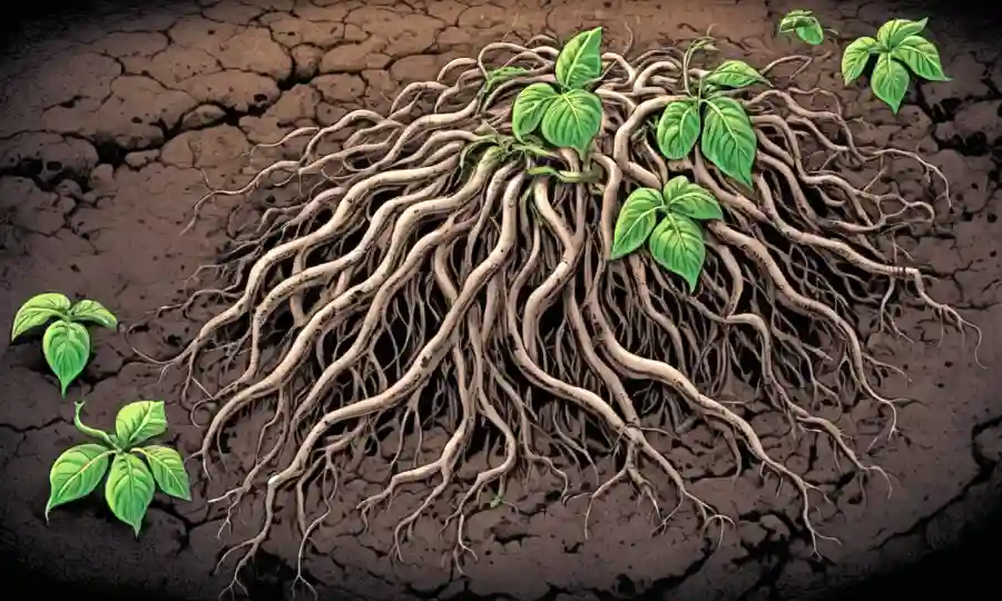 Una planta que crece en suelo con microorganismos y raíces entrelazadas.