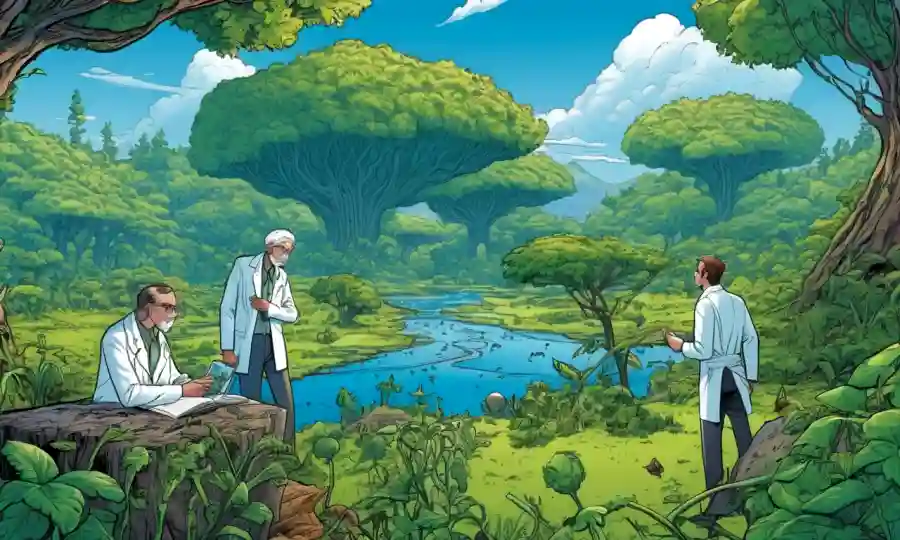 Científicos que estudian mecanismos de interacción con el endofilado de plantas en medio del escenario natural calmante.