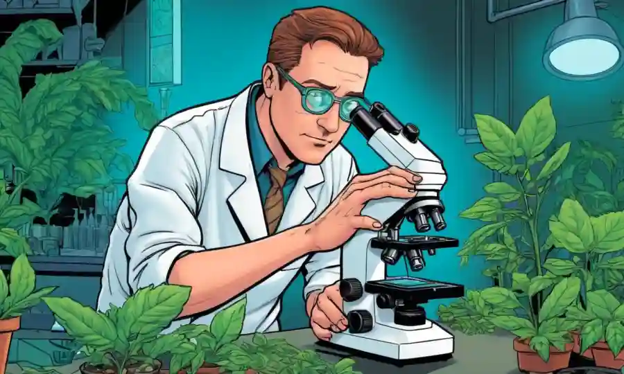 Científico que estudia interacciones vegetales en un microscopio o en un laboratorio.