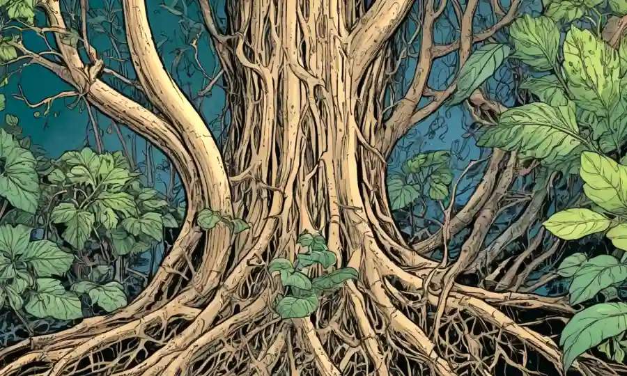 Una ilustración botánica con raíces envolviéndose alrededor de tallos vegetales mostrando mecanismos de interacción endofilética.