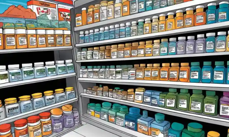 Estante de farmacia con diversos productos antifúngicos y etiquetas de embalaje.
