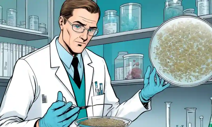 Un científico de laboratorio que sostiene un plato petri con crecimiento de hongos, rodeado de datos farmacéuticos y gráficos.