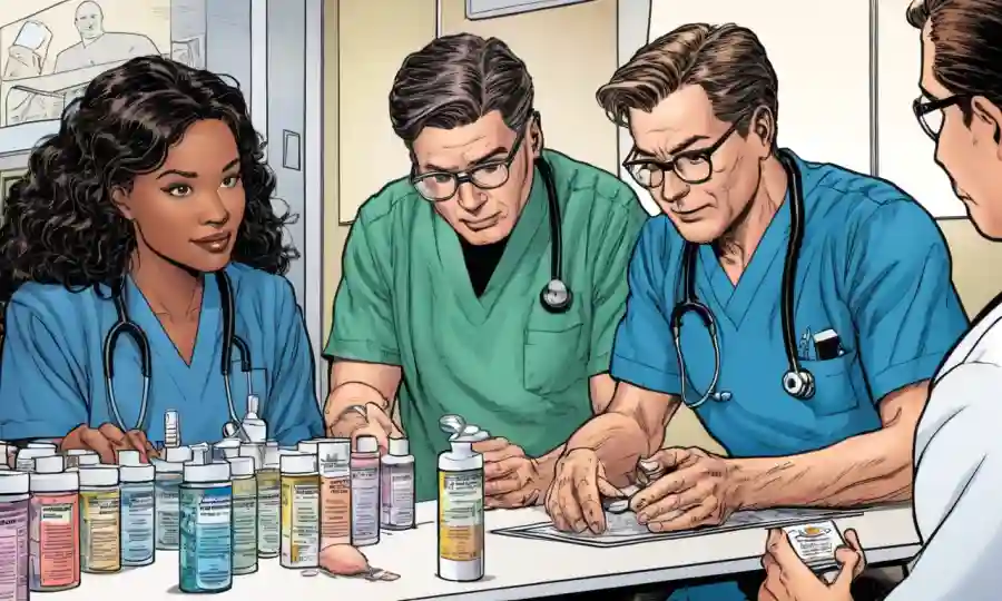 Profesionales médicos revisando cremas antifúngicas tópicas en una mesa.