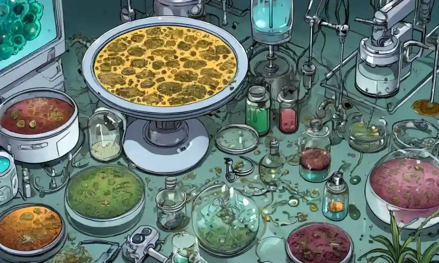 Un plato de cultura fúngica con diversos microorganismos rodeado de equipos analíticos.