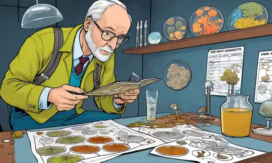 Un micólogo que examina muestras de hongos en un plato Petri junto con diagramas y diagramas estadísticos.