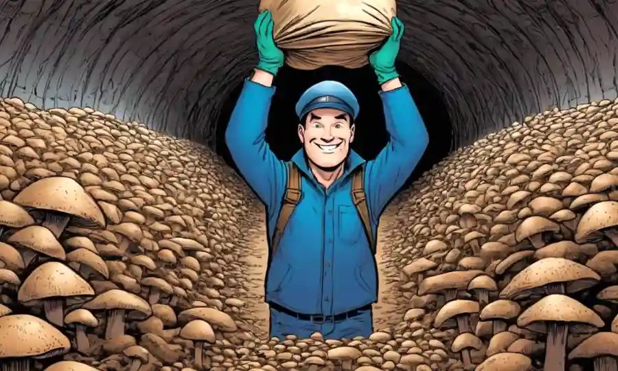 Persona con guantes sujetando bolsas de setas o túnel en suelo.