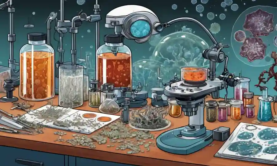 Diagramas científicos y microscopios en un banco de laboratorio, rodeado de muestras fúngicas y platos Petri.