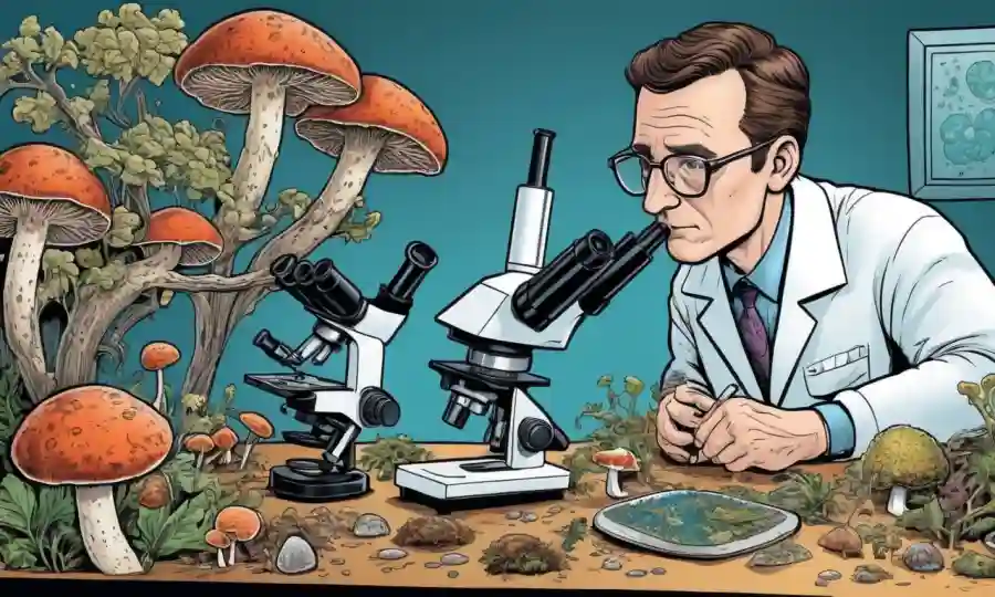 Un biólogo que examina varios tipos de hongos bajo un microscopio.