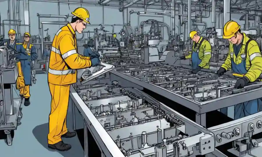 Un equipo de inspección de seguridad en una fábrica ocupada.